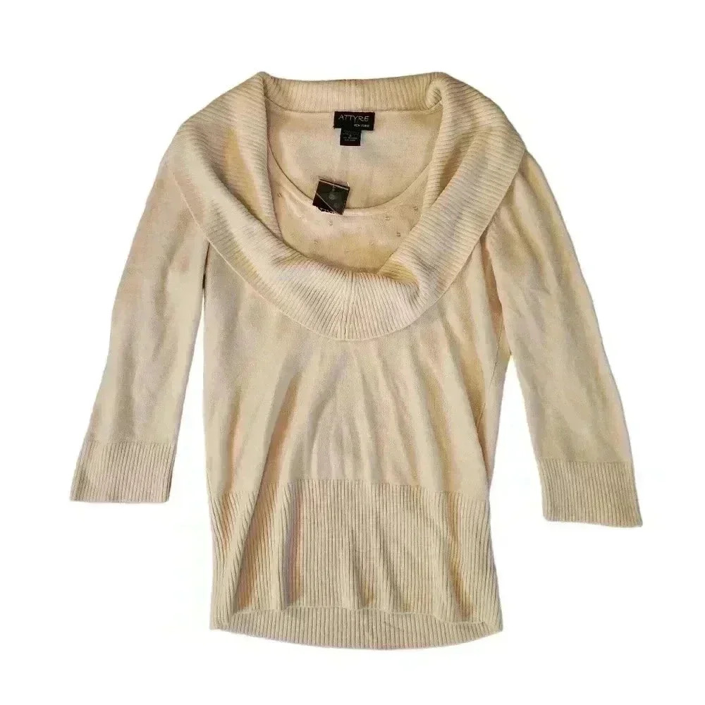 Attyre NWT Layered Neck Sequin Peep Top Soft Long Sleeve Cream Sweater Size S *R